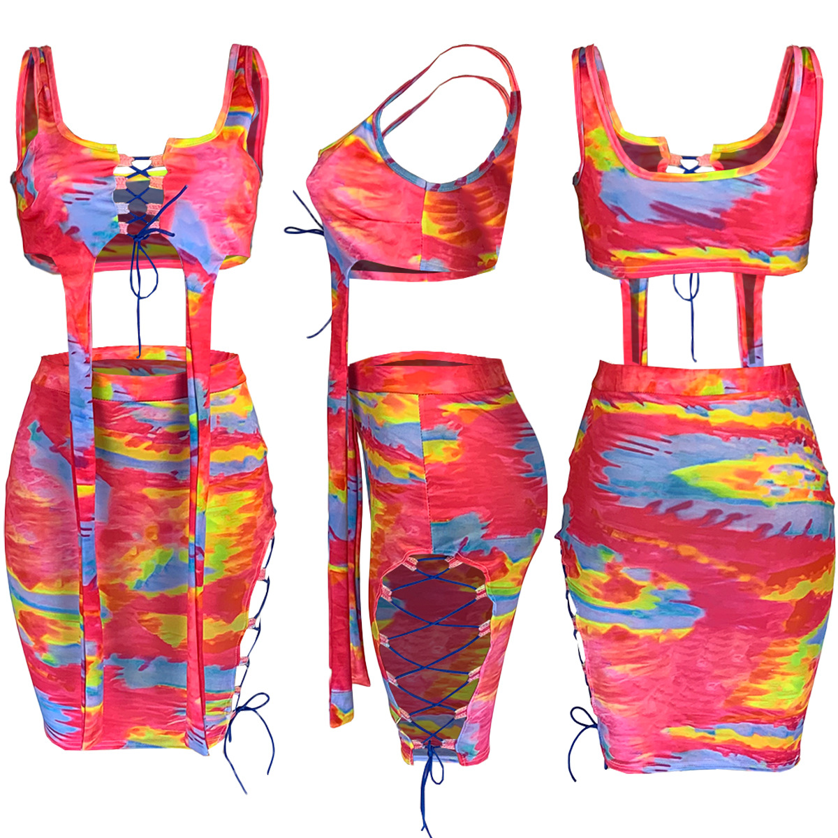 Women's Clothing Fashion Tie-dye Hollow Bandage Two-piece Suit