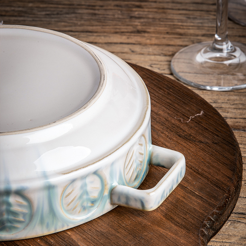 Embossed Ceramic Double Ear Practical Vegetable Bowl