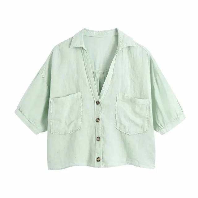 Women's Summer Solid Color Lapel Casual Short Shirt Top Light - Shop at LoveMi