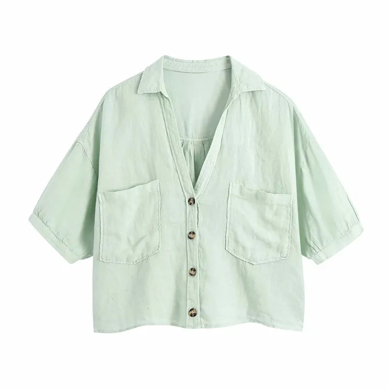 Women's Summer Solid Color Lapel Casual Short Shirt Top - Light