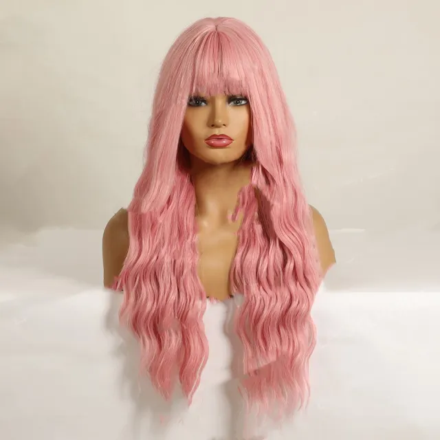 Air Bangs Wavy Long Curly Hair Chemical Fiber Wig Female Pink - Shop at LoveMi