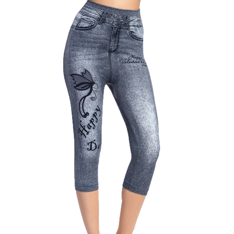 Title 3, Printed Imitation Denim Cropped Trousers, High ...