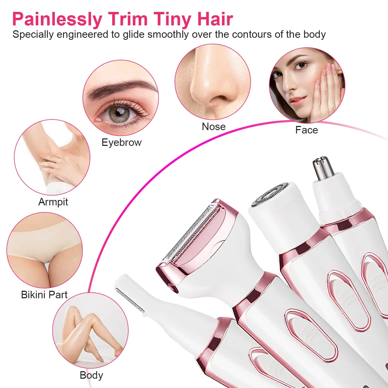 1Pc 4 In 1 Electric Razor For Women Summer Bikini Shaver Painless Grooming Kit Rechargeable Eyebrow Nose Hair Pubic Hair Bikini Trimmer Face Shaver
