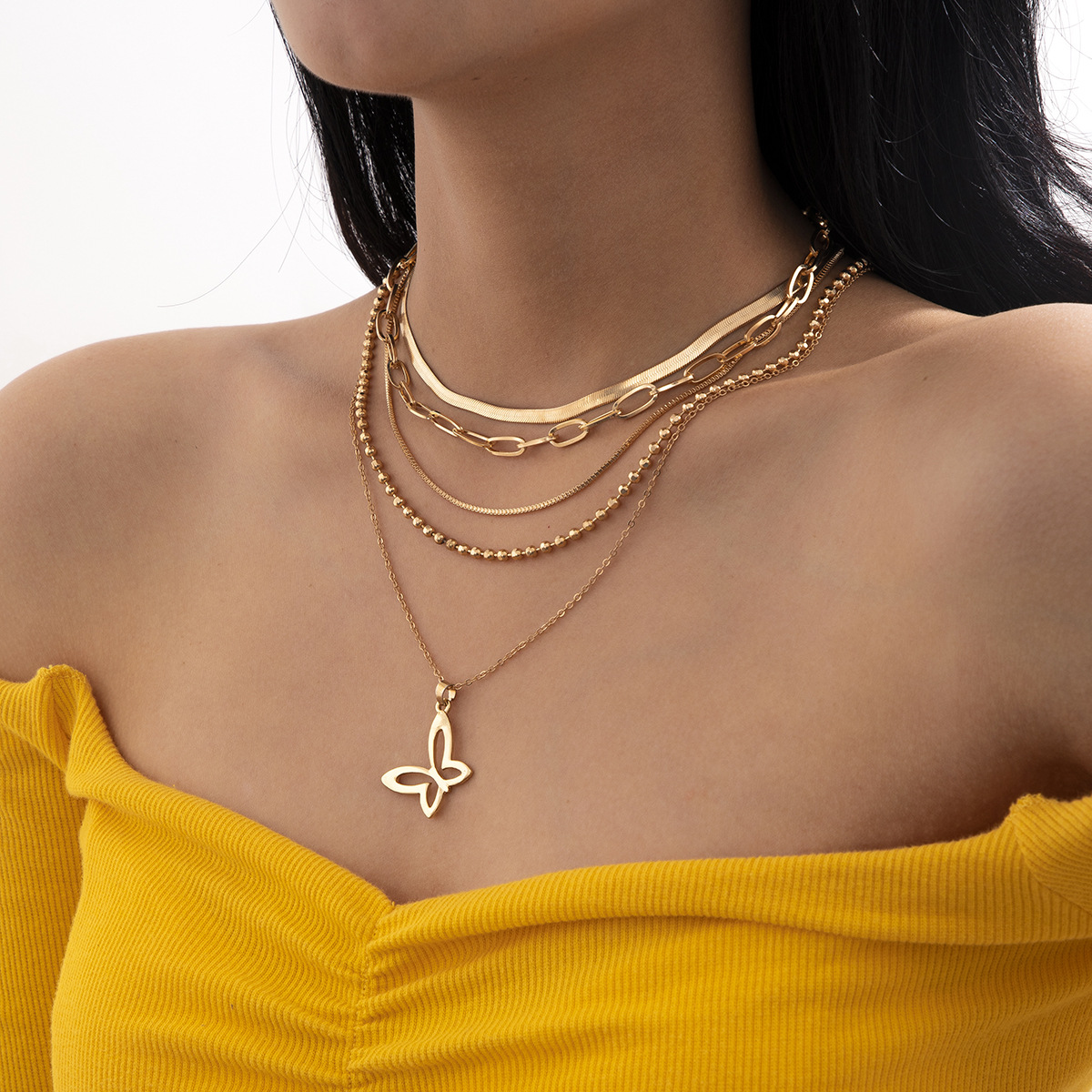 Snake Bone Round Bead Chain Simple Hollow Butterfly Necklace