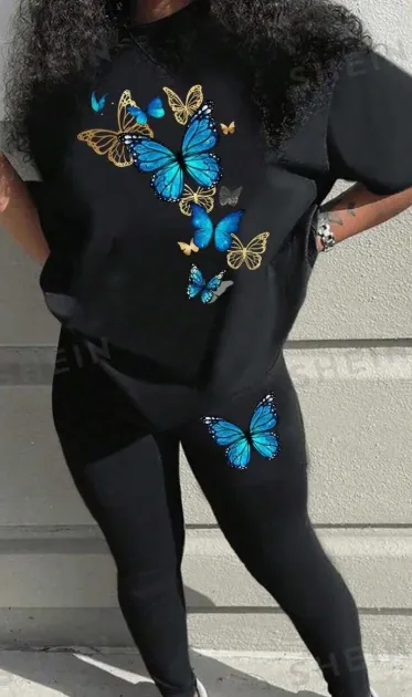 Slayr Fashionable Women's Butterfly Printed Round Neck Short Sleeve Shirt And Long Pants Casual Set Black - Shop at LoveMi