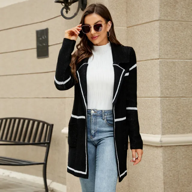 Long Sweater Contrast Houndstooth Knit Cardigan Trench Coat Black - Shop at LoveMi