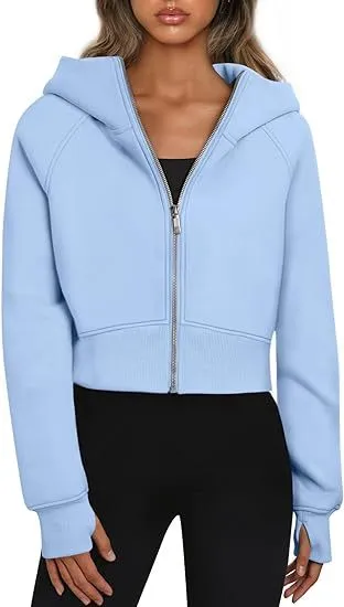 Casual Zippered Hooded Sweatshirt Fleece Sport Cardigan Fashion Hoodies Short Tops Womens Clothing Light Blue - Shop at LoveMi