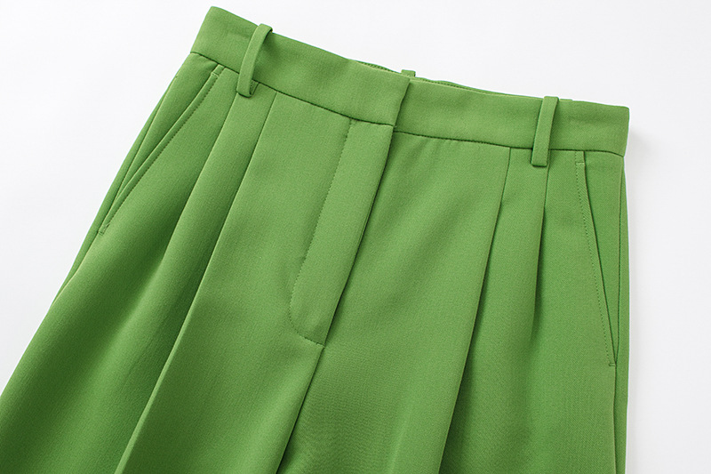 Women's Grass Green Pleated Mid-Rise Long Pants