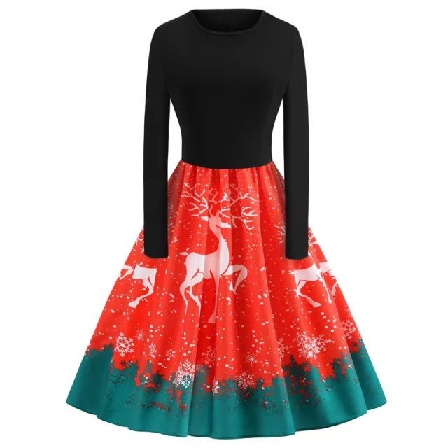 Long Sleeve Elk Print Elastic Waist Swing Skirt Red - Shop at LoveMi