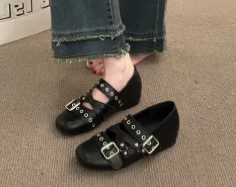 Women Silver Korean Style Hidden Wedge Mary Jane Shoes, 2026 New Spring Ballet Style JK Casual Flat Shoes