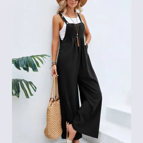Women's Clothes Solid Color Casual Suspender Trousers Overall