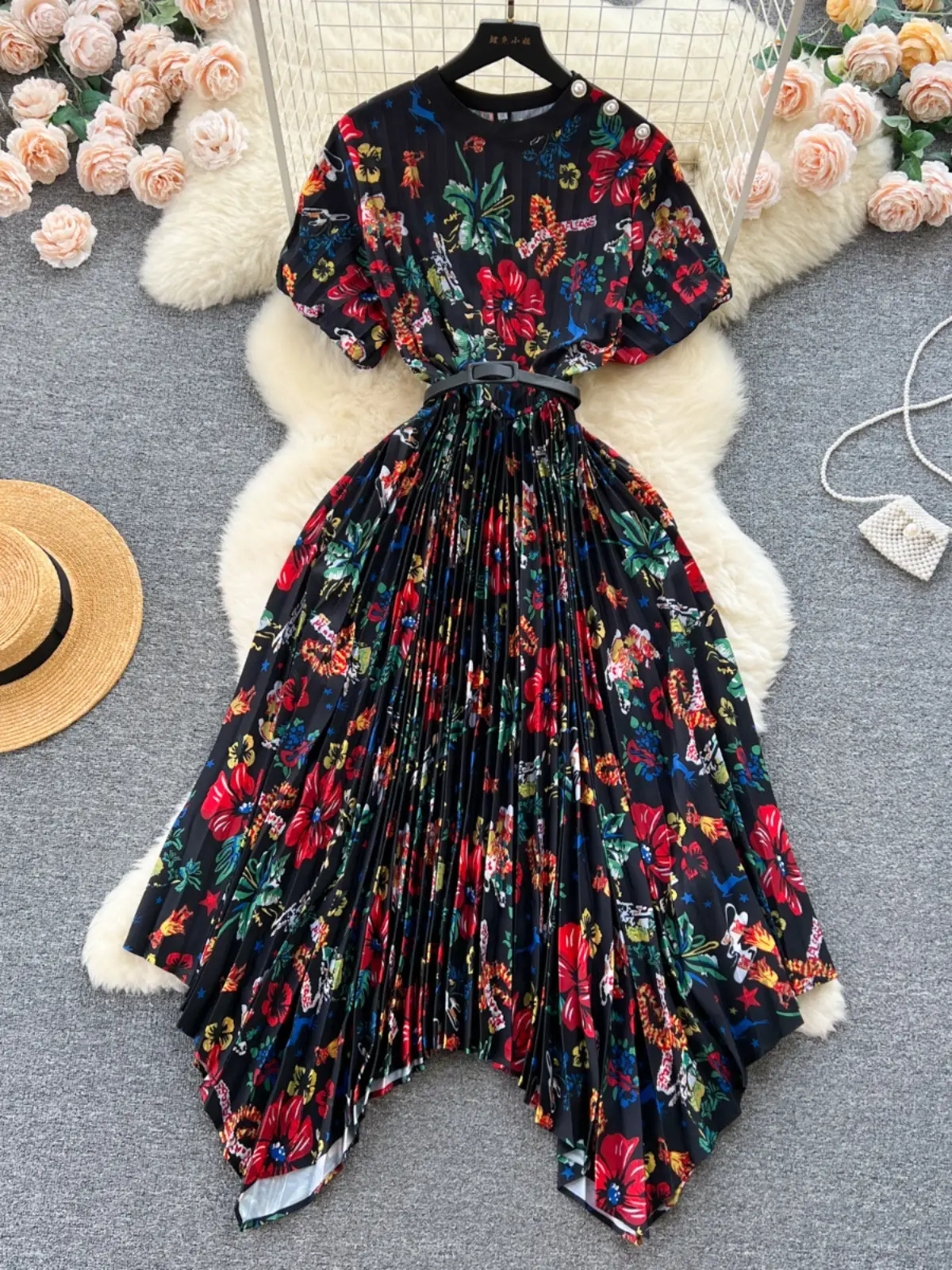 Waist Slimming A- Line Pleated Irregular Dress