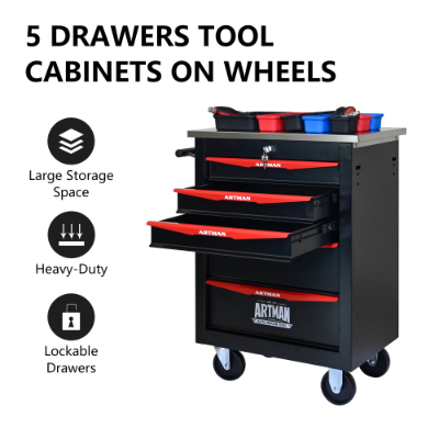 5 Drawers Multifunctional Tool Cart With Wheels,Metal Rolling Tool Cart Storage For Garage Workshop Warehouse Repair Shop--With Stainless Steel Roof- BLACK RED - Image 8