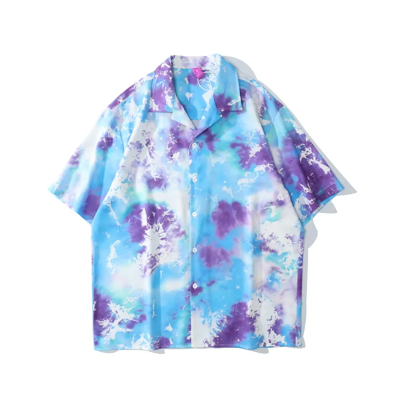 Small Tie-dye Short-sleeved Shirt Trend Loose Hawaiian Vacation Style Top Summer Shirt - Purple