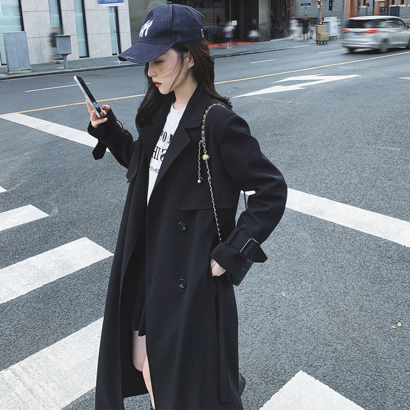 Women's Windbreaker Mid length Over the knee Casual Coat Jacket Black - Shop at LoveMi