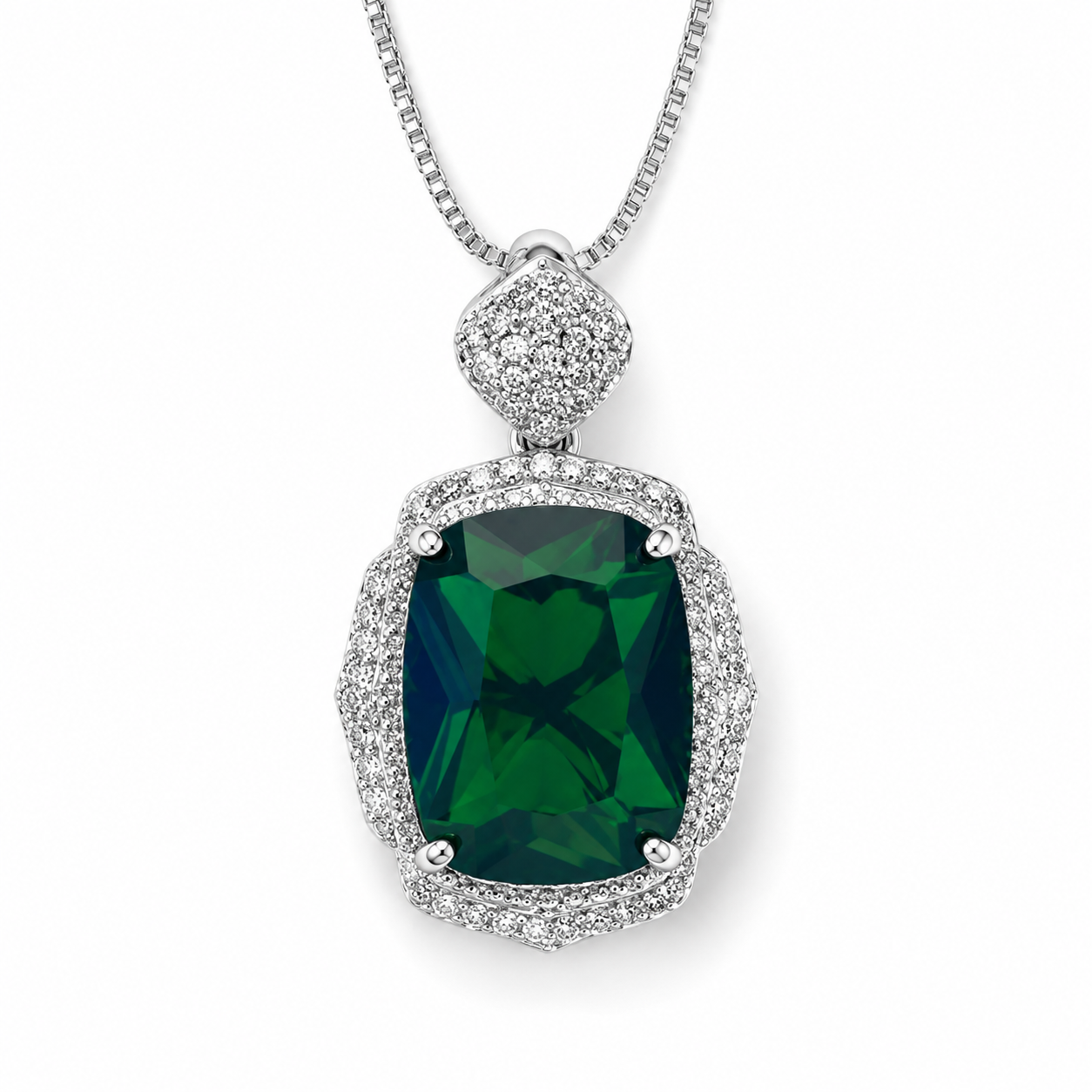 Cushion Cut Simulated Emerald Double Halo Pendant Necklace For Women, Copper Plated Silver Full Pave White Cubic Zirconia Vintage Royal Wedding Statement Jewelry Gift