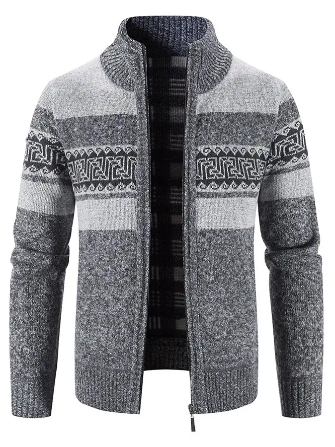 Casual Men's Hooded Color Block Printed Cardigan Knitted Cardigan Sweater Jacket