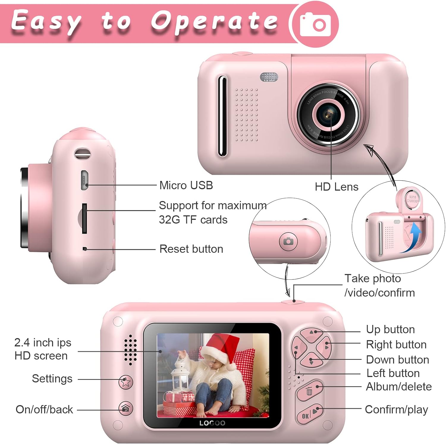 Kids Camera, Children Digital Selfie Camera For 3-12 Year Old Girls Boys With 20