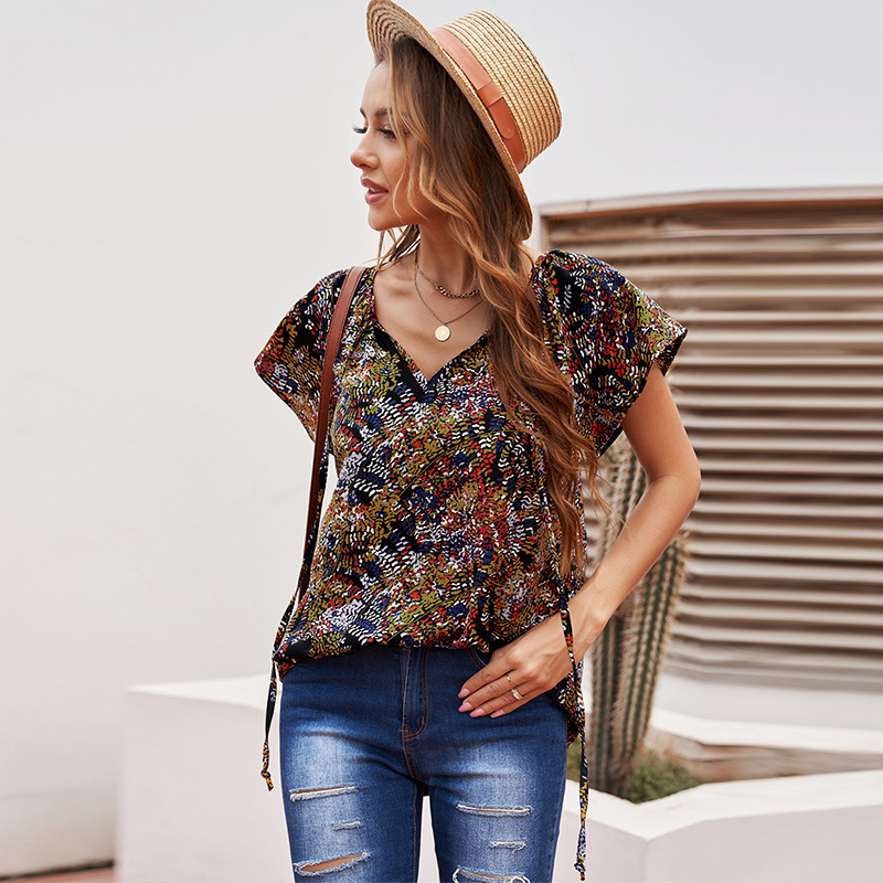 Title 3, Summer Floral Chiffon Shirt Loose Casual V-neck...