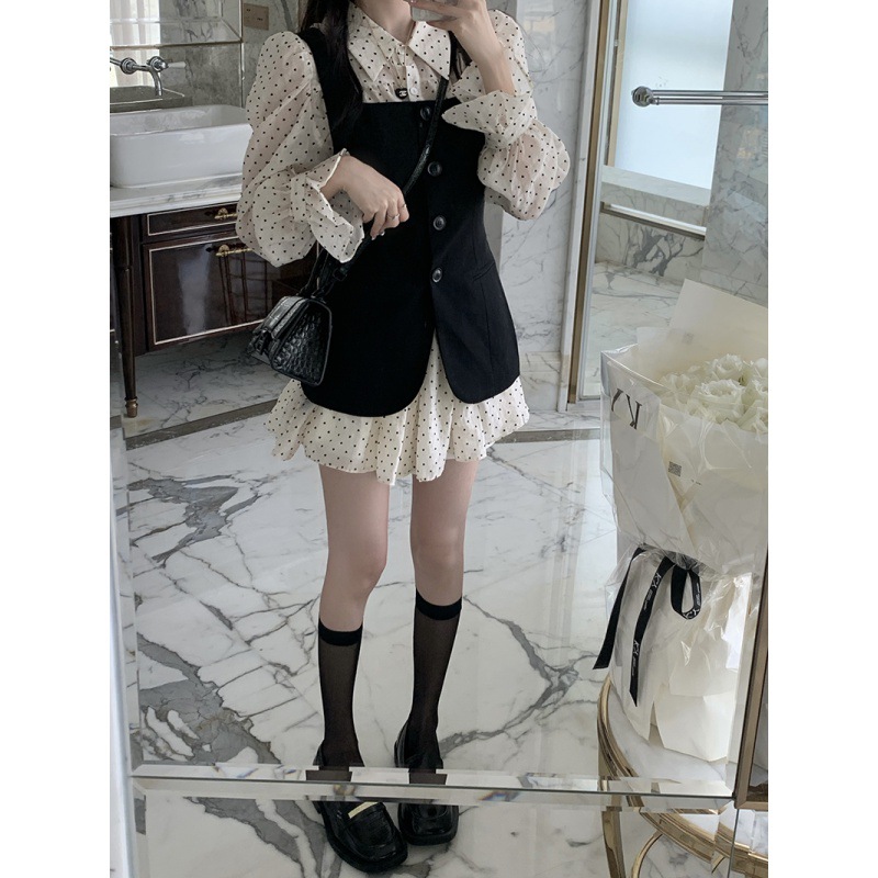 Women's Polka Dot Flared Sleeve Shirt Dress And Slim Sling Vest Two-Piece Set