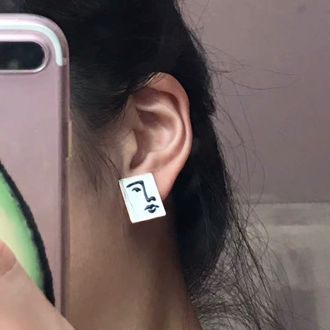 925 Silver Needle New Niche Abstract Face Square Earrings