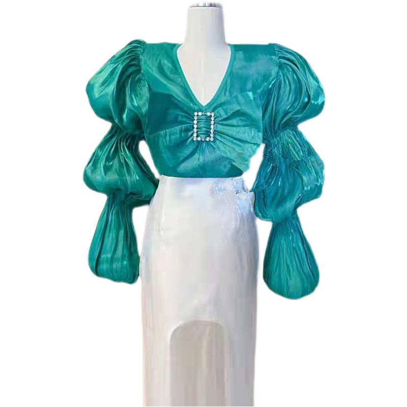 Title 3, Versatile V Neck Blouse With Large Bow And Diam...