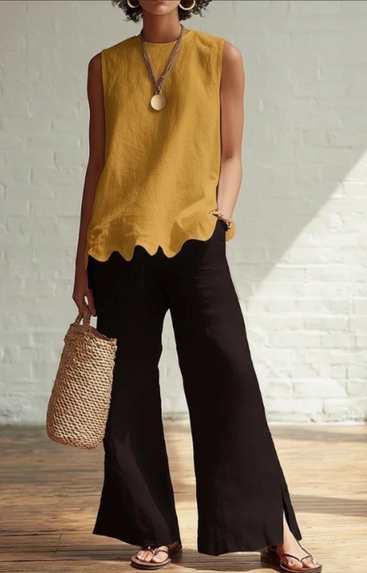 Linen-Style Round Neck Scallop Hem Sleeveless Top