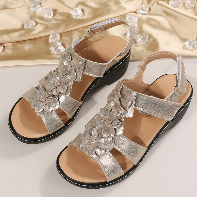 Flowers Sandals Summer Velcro Wedges Shoes For Women - Gold
