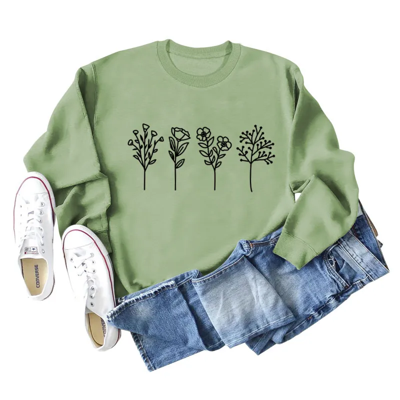 Four Flowers Printed Casual Long Sleeve Sweatshirt - Green