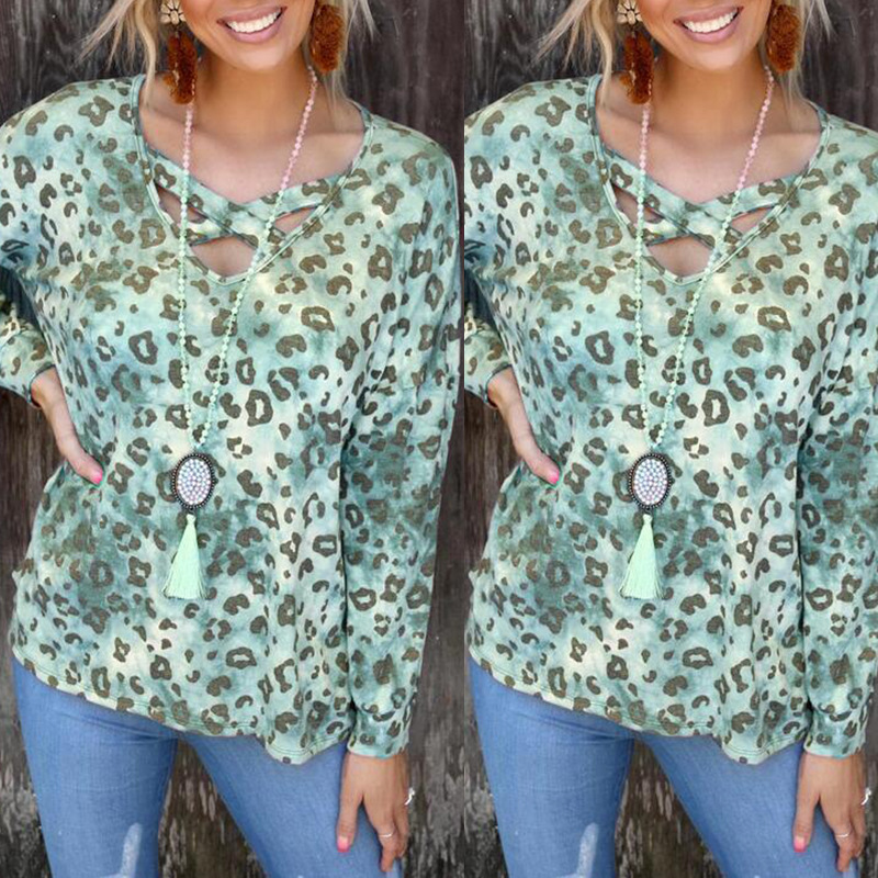 Women's Long Sleeve V-Neck Loose Leopard Print Casual T-Shirt