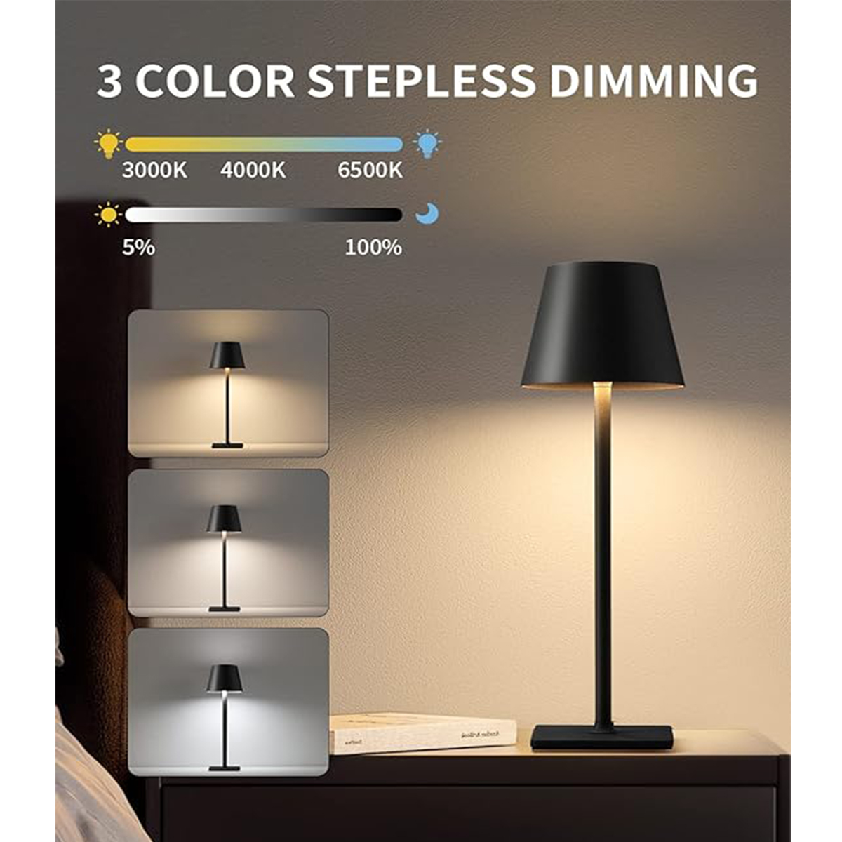 Portable cordless LED table lamp with dimming.
【Cordless Portable Design】 Built-in 5000mAh rechargeable battery, you can use the light while charging. Can be used as an emergency light in case of power outage. Has passed the safety certification. Cordless