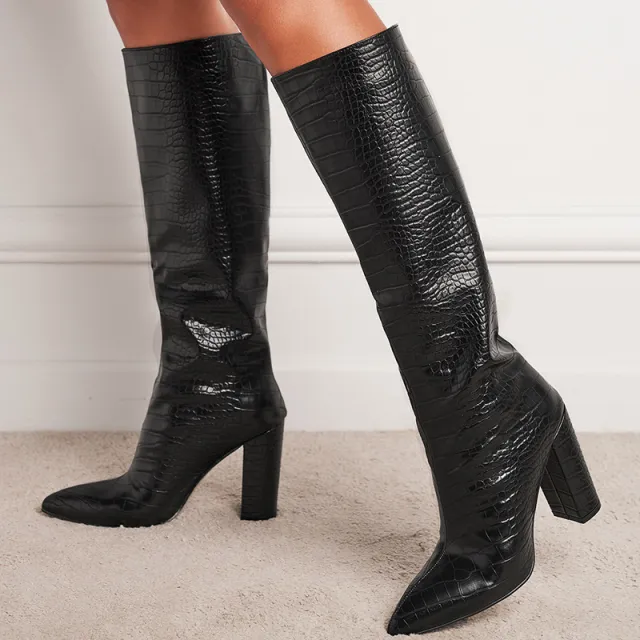 Ladies Fashion Pointed Toe Block Heel Boots Black - Shop at LoveMi