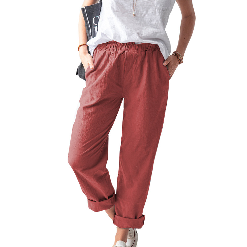 Title 10, Effen Kleur Casual Broek met Elastische Hoge Ta...