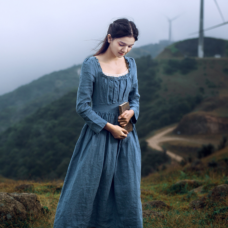 Long Sleeve Square Neck Linen Slim Fit Autumn Winter Dress