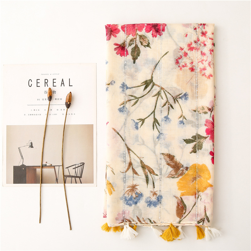 Retro Style Rice Coffee Flower With Sequin Scarf Travel Sunscreen Long Style
