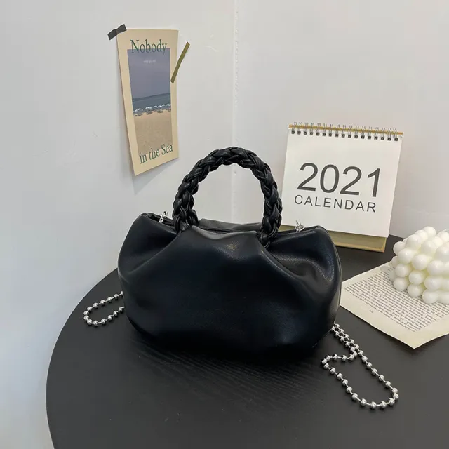 Sweet Girl Fashion Texture Handbag Pleated Pearl Chain Western Style One shoulder Messenger Cloud Bag Black - Shop at LoveMi