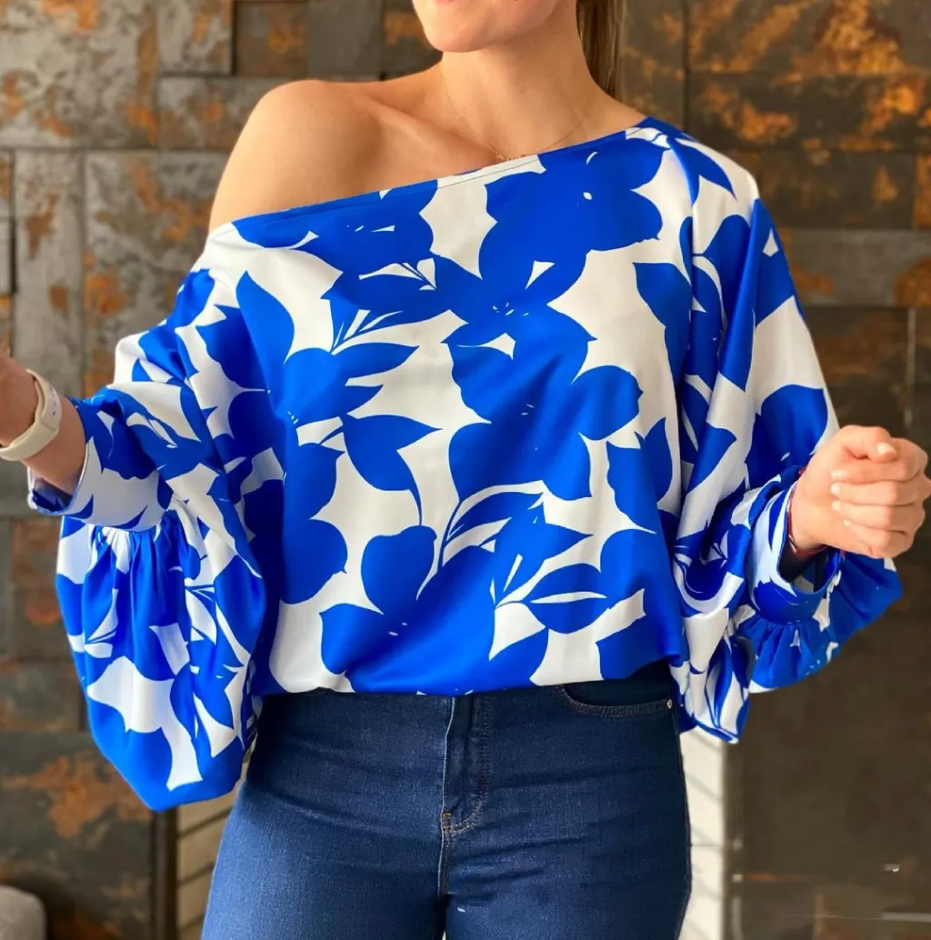 Women's Blue Off-shoulder Loose Print Top - Blue