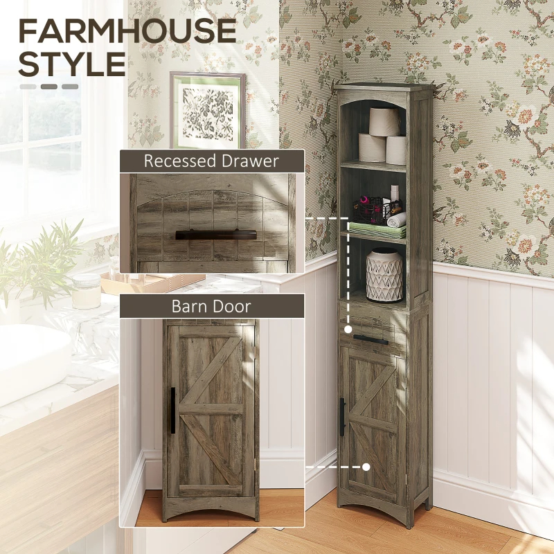 Farmhouse Tall Slim Bathroom Storage Cabinet With Recessed Drawer, Narrow Cabinet With Barn Door, Weathered Gray Oak