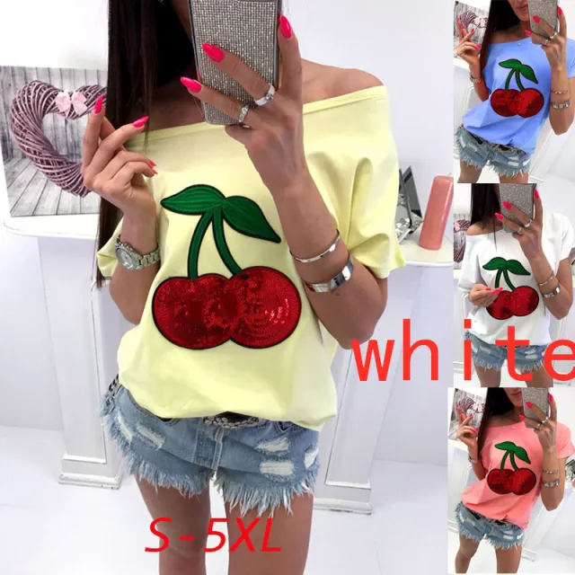 Cotton Blend Sequin Cherry Patch T shirt White - Shop at LoveMi