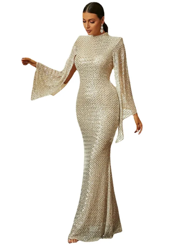 Elegantes Enges Und Schlank Machendes Unifarbenes Abendkleid Gold - Shop at LoveMi