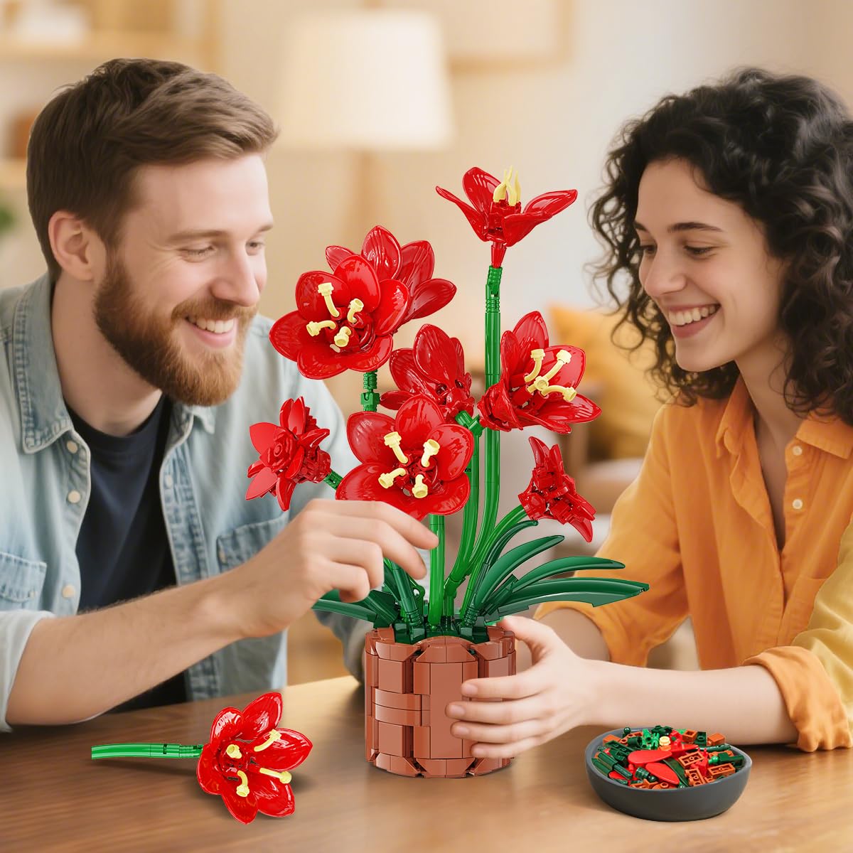 Amaryllis Flowers Bonsai Building Set, Easter Botanical Building Block, Artificial Plant Kit Home Decor, 503 PCS Flower Bouquet Bonsai For Her Adults Kids Boys Girls