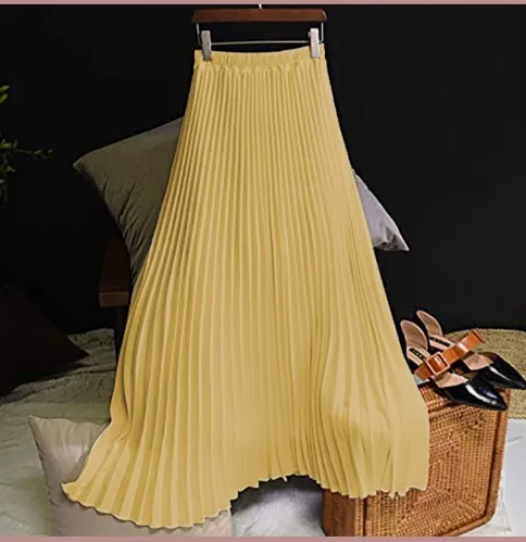 Solid Color High Waist Half length Skirt Female Elastic Waist Chiffon Skirt Yellow - Shop at LoveMi