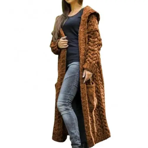 Coarse Women Loose Twist Braids Lazy Wind Hooded Long Cardigan Sweater Khaki - Shop at LoveMi