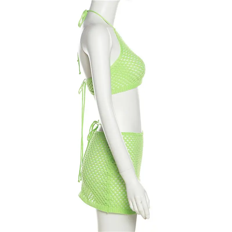 Sexy Knitted See-through Sleeveless Sling Lace-up Backless Sheath Skirt Suit