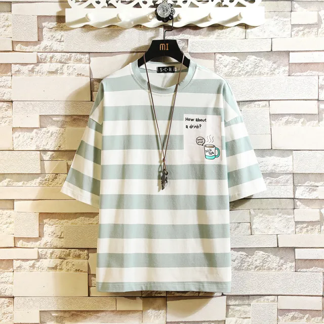 New Men's Fashion Striped Round Neck Short sleeved T shirt Light Green - Shop at LoveMi