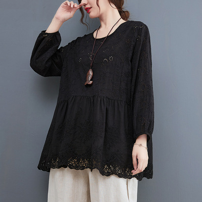 Long Sleeve Crew Neck Embroidered Cutout Loose