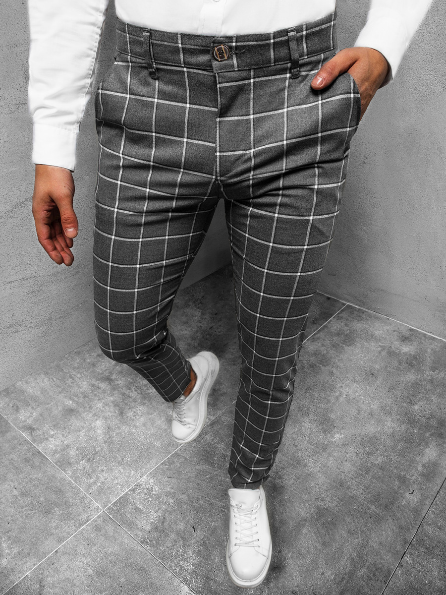 Men's Plaid Casual Youth Ordinary Micro-elastic Mid Waist Trousers