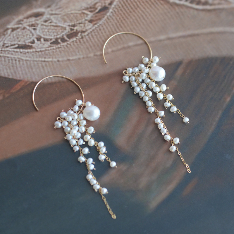 Title 3, Round Wisteria Beaded Natural Water Pearl Earrings