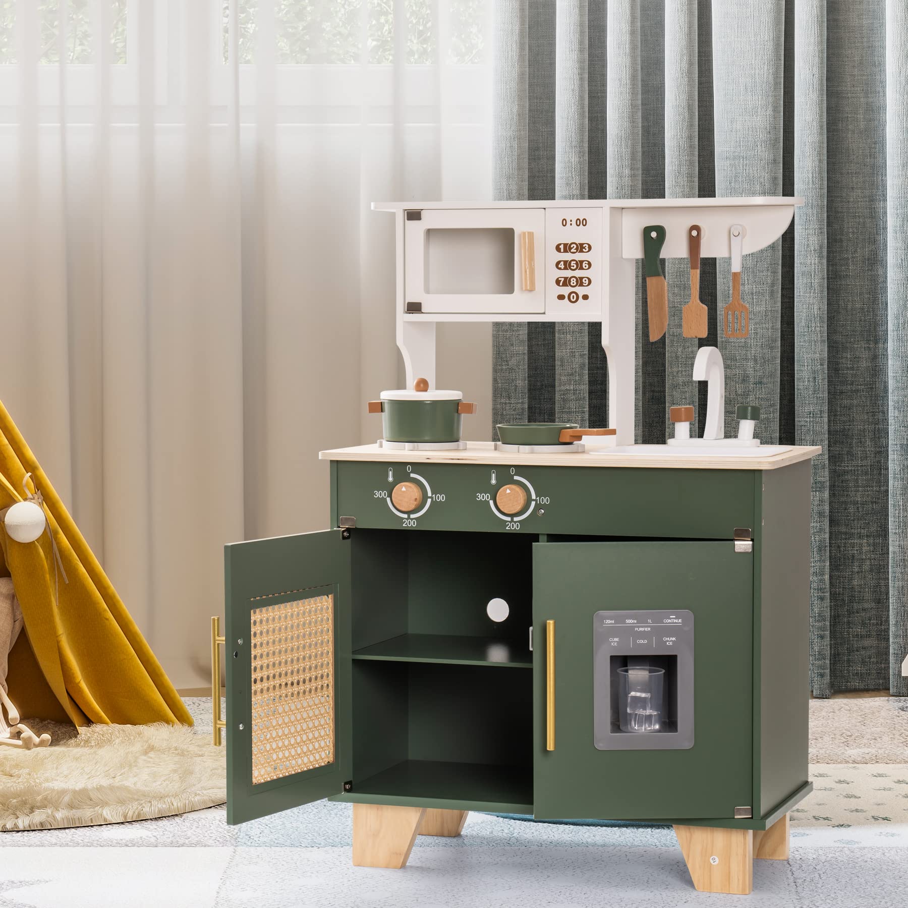 Green Wooden Kitchen Toy Set with Accessories. Material :Wood Brand:ROBUD Item dimensions L x W x H:55 x 28 x 79 centimetres Age range (description):Kid About this item Wooden kitchen play set: the preschool kitchen sets are made of natural wood, sturdy a