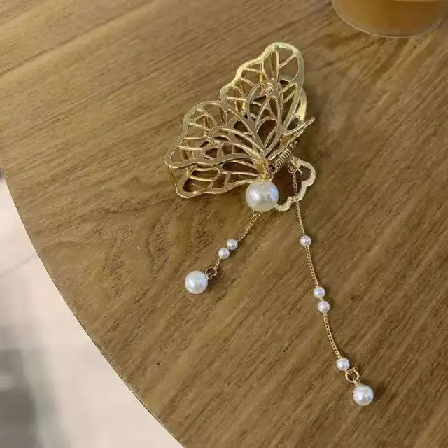 Metal Bow Pearl Pendant Hair Clip Wing Pearl Tassel - Shop at LoveMi